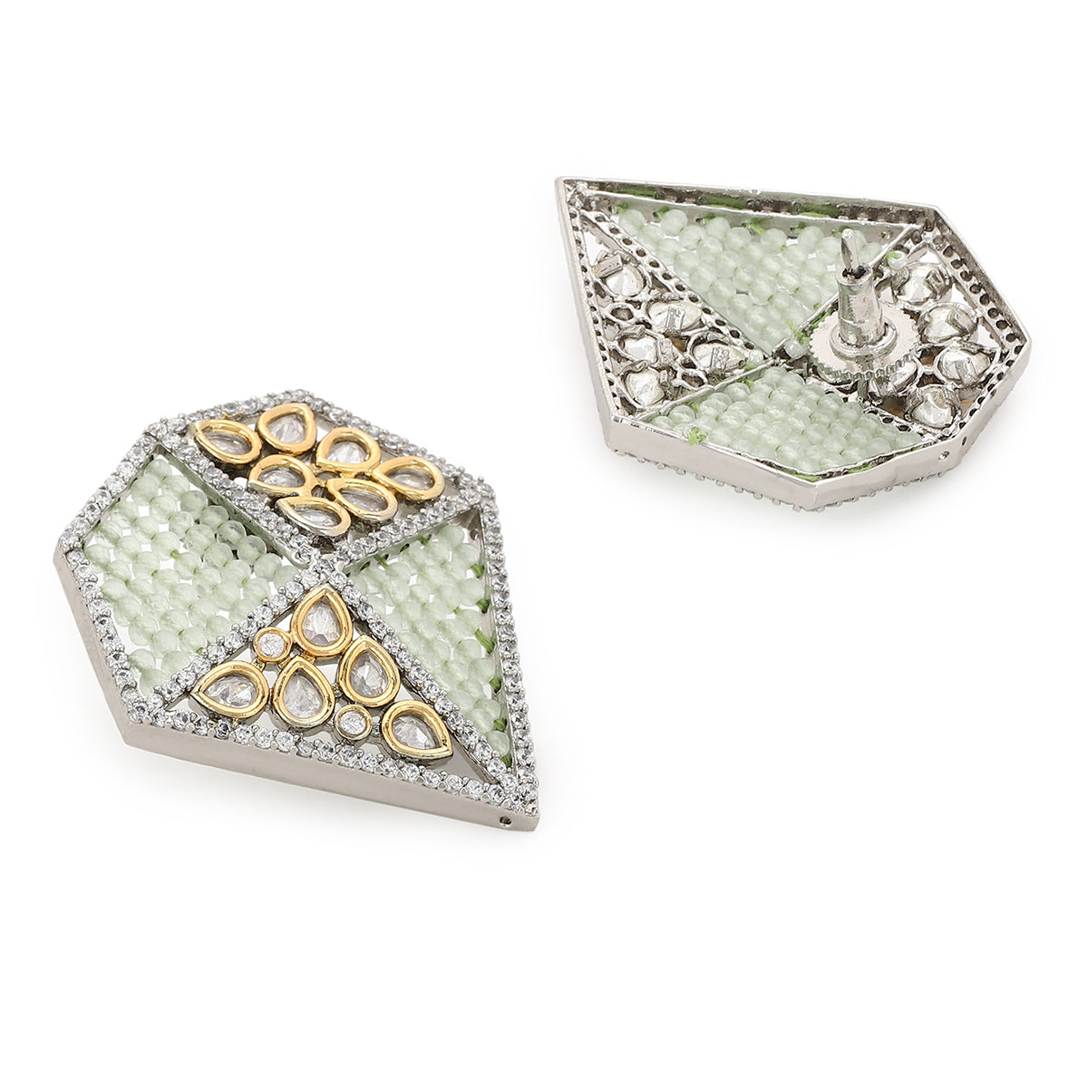 Green & Silver-Toned Geometric Studs Earrings