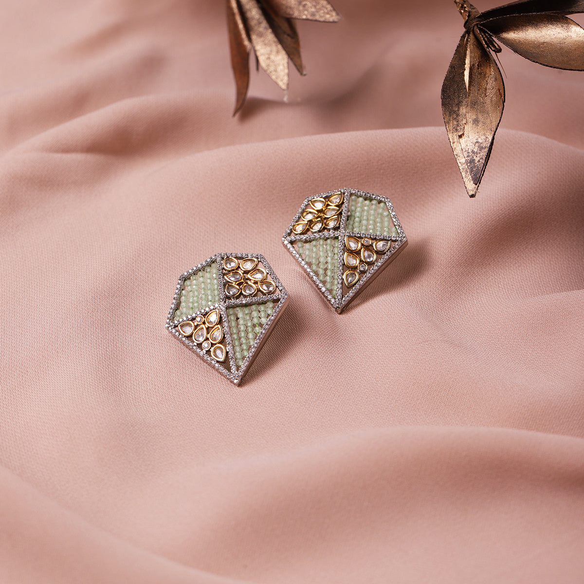 Green & Silver-Toned Geometric Studs Earrings