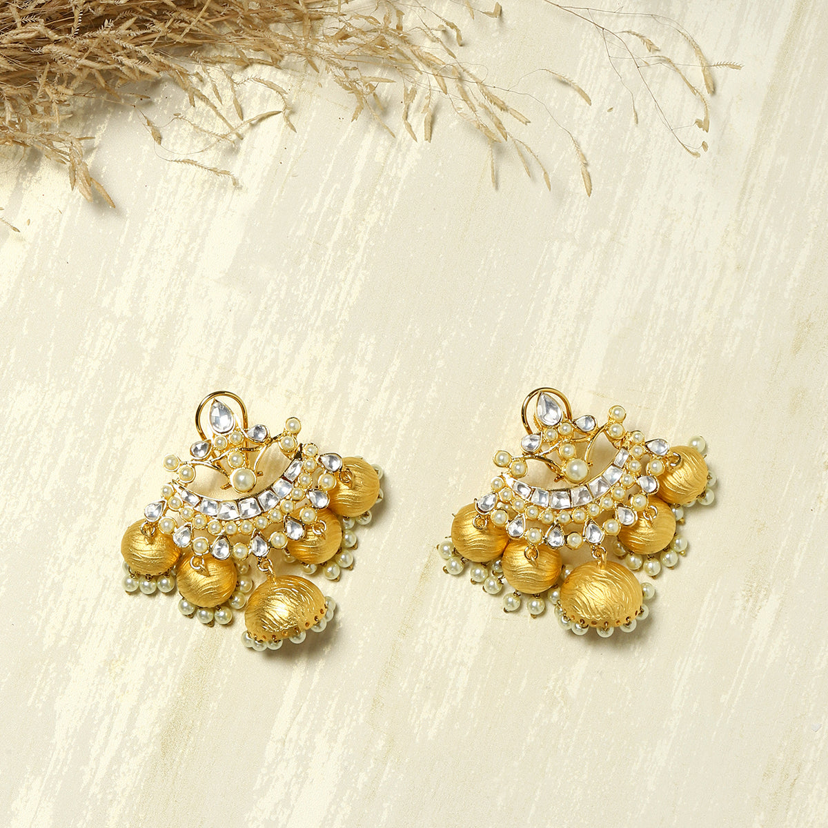 Yellow Gold Tone Kundan Meenakari Earrings