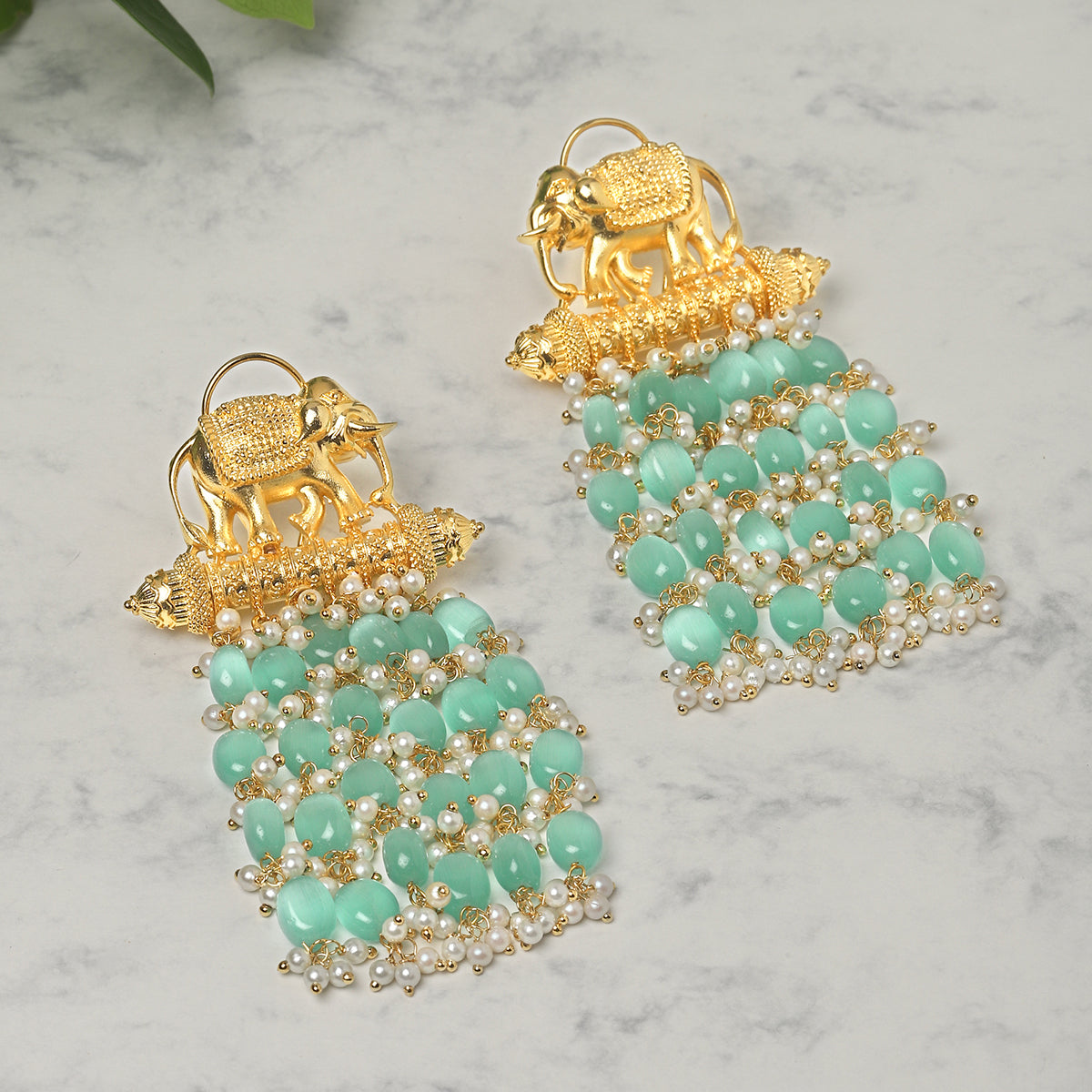 Blue Gold Tone Temple Earrings