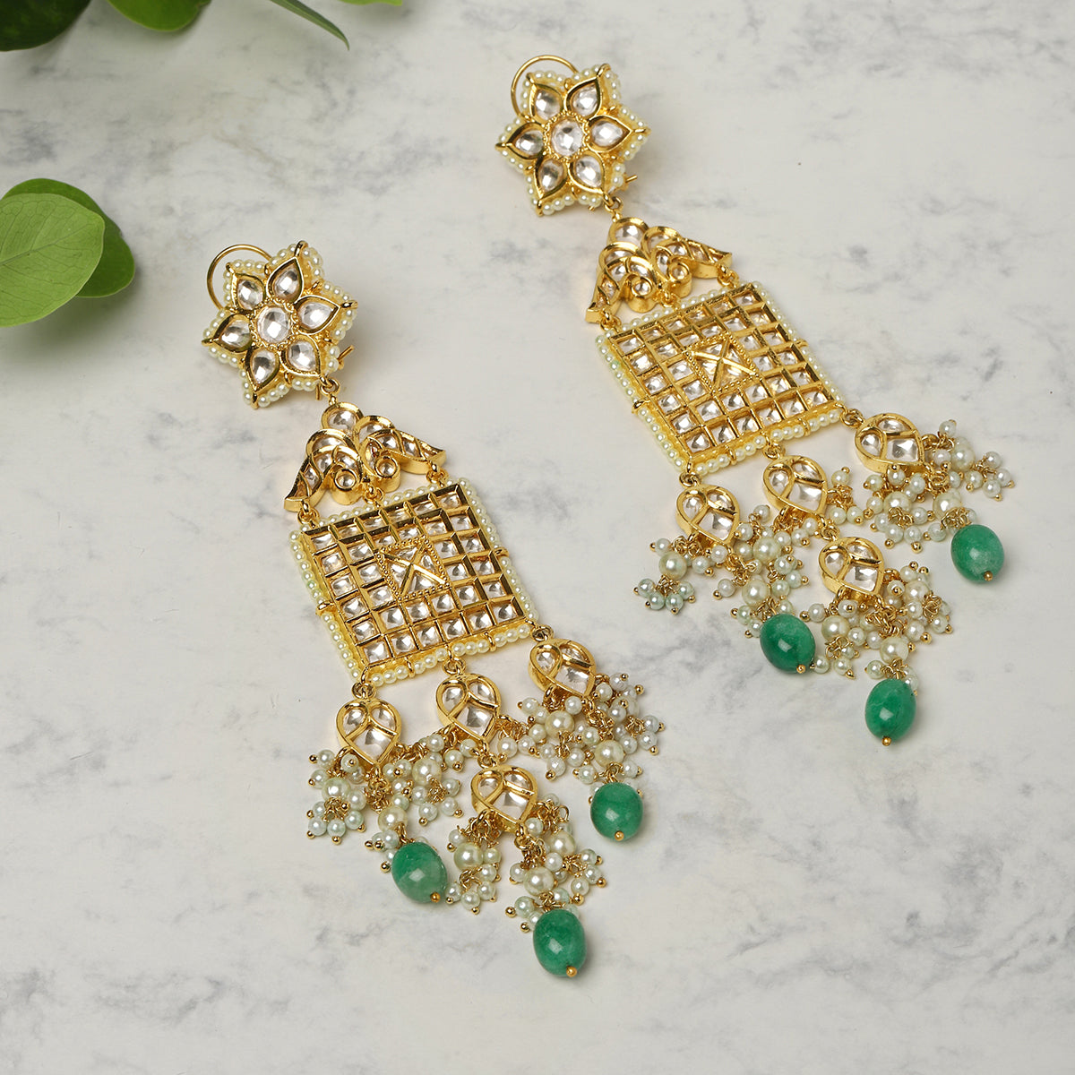 Green Gold Tone Kundan Earrings