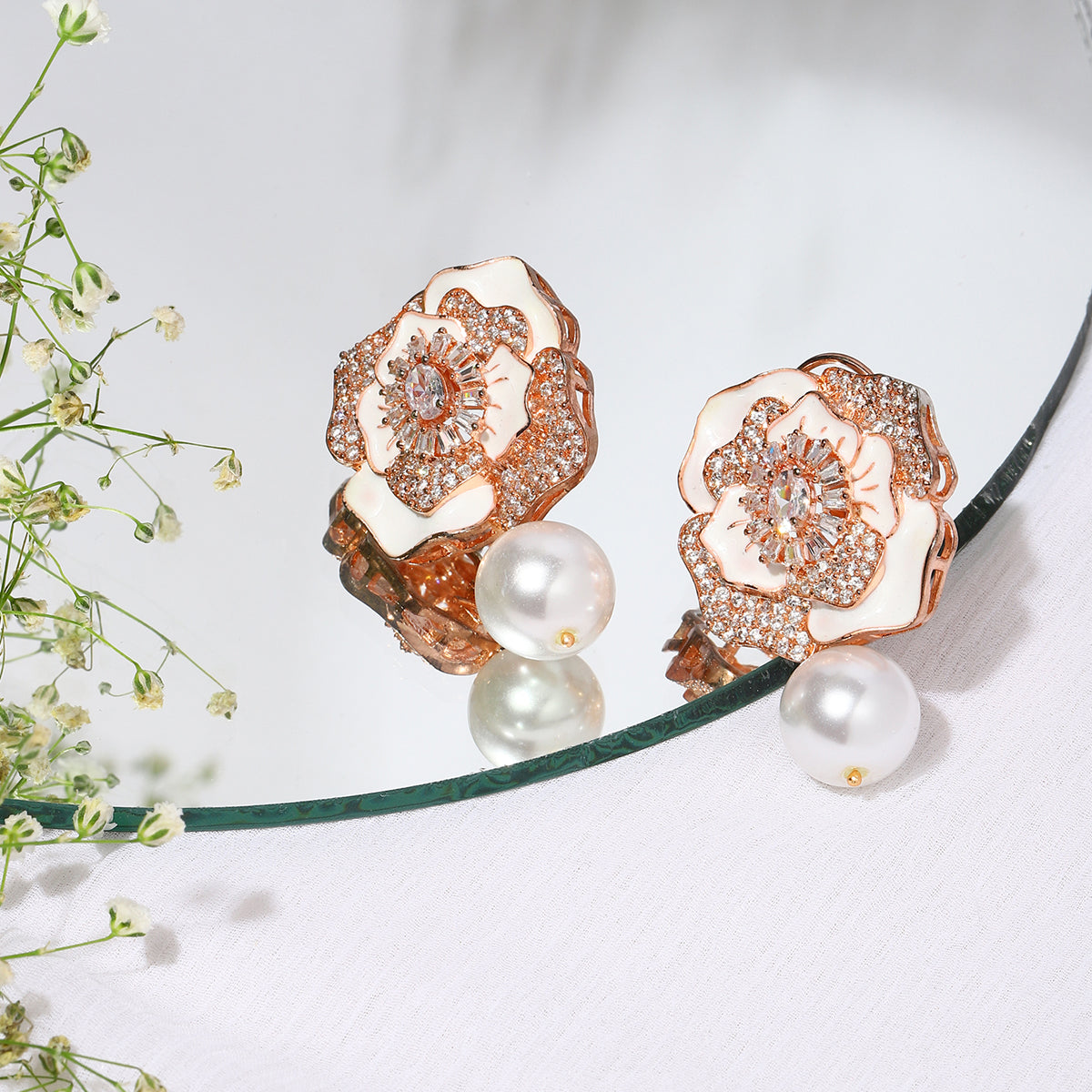 White Rose Gold Tone Handcrafted Earrings