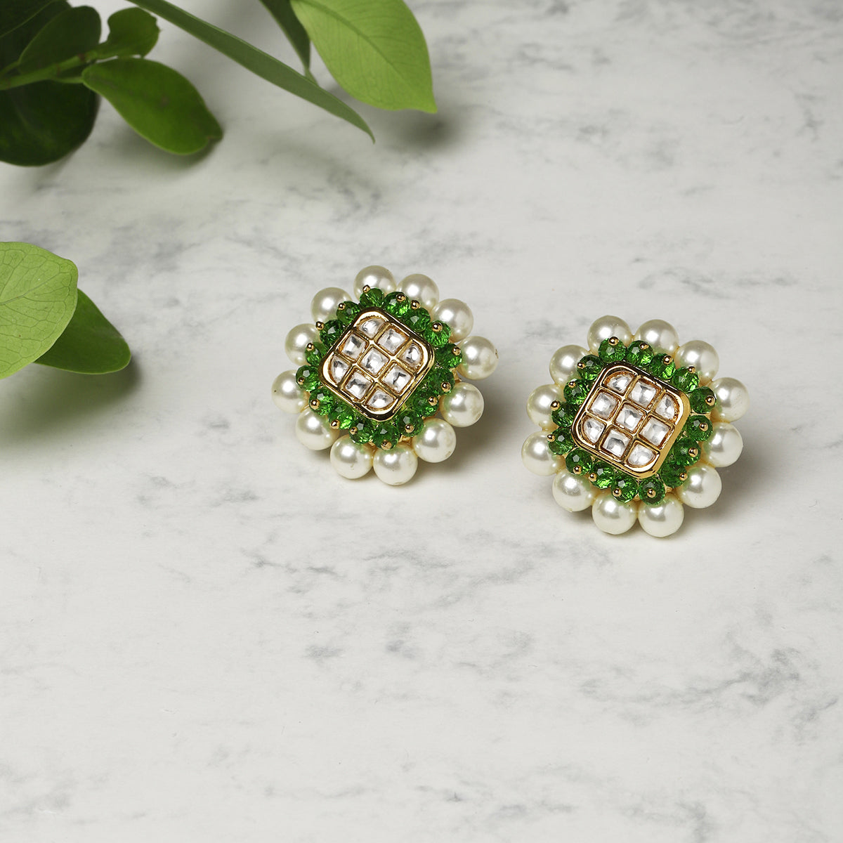 Green Gold Tone Kundan Earrings