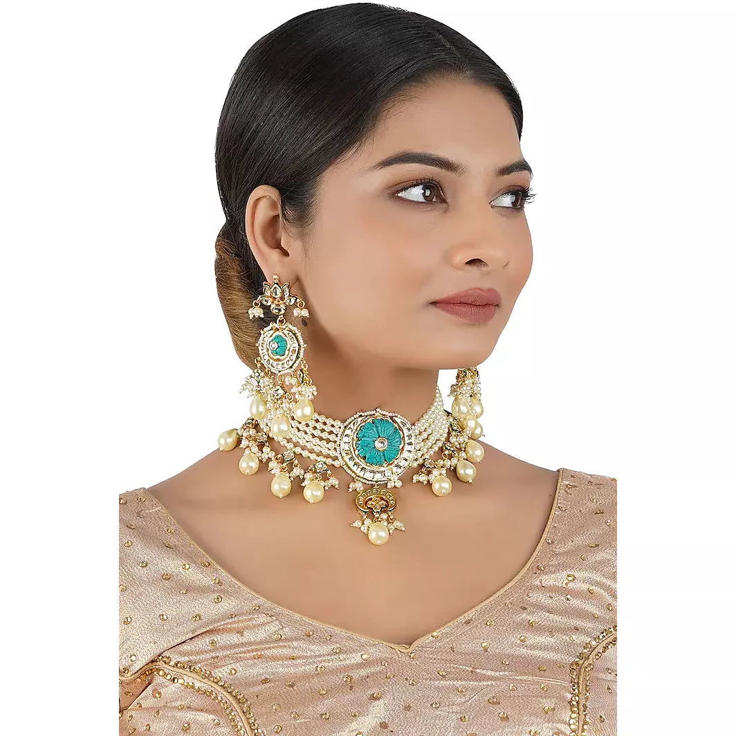 Gold Finish Pearl Choker Necklace Set