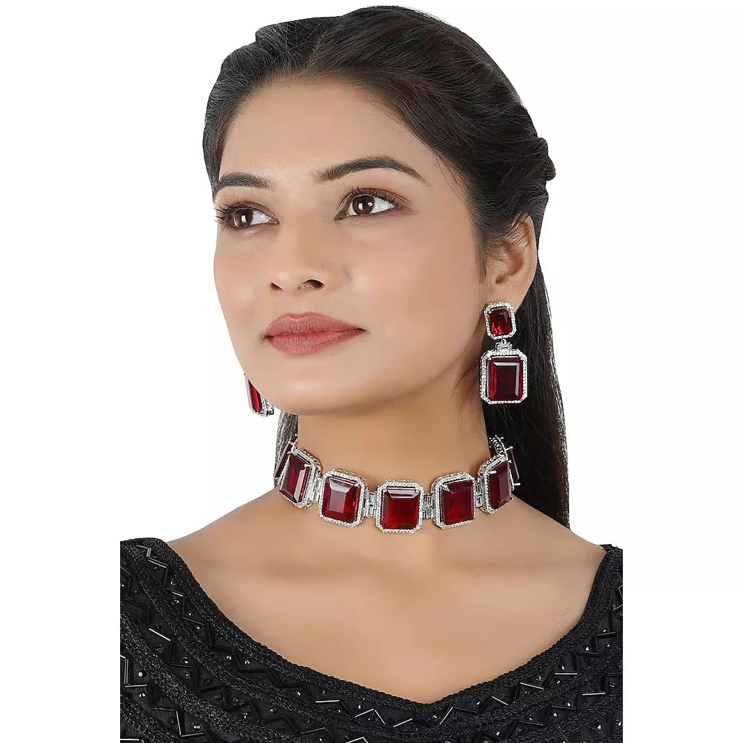 Gold Finish Red Stone & Kundan Polki Choker Necklace Set