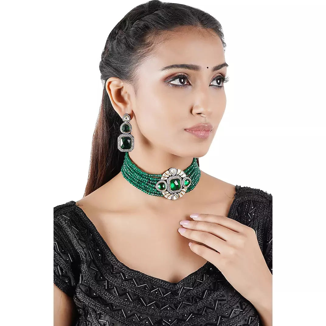 Gold Finish Choker Necklace Set With Kundan Polki