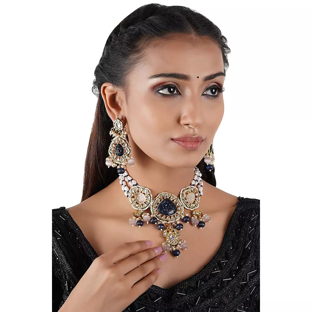 Gold Finish Kundan Polki & Pearl Necklace Set