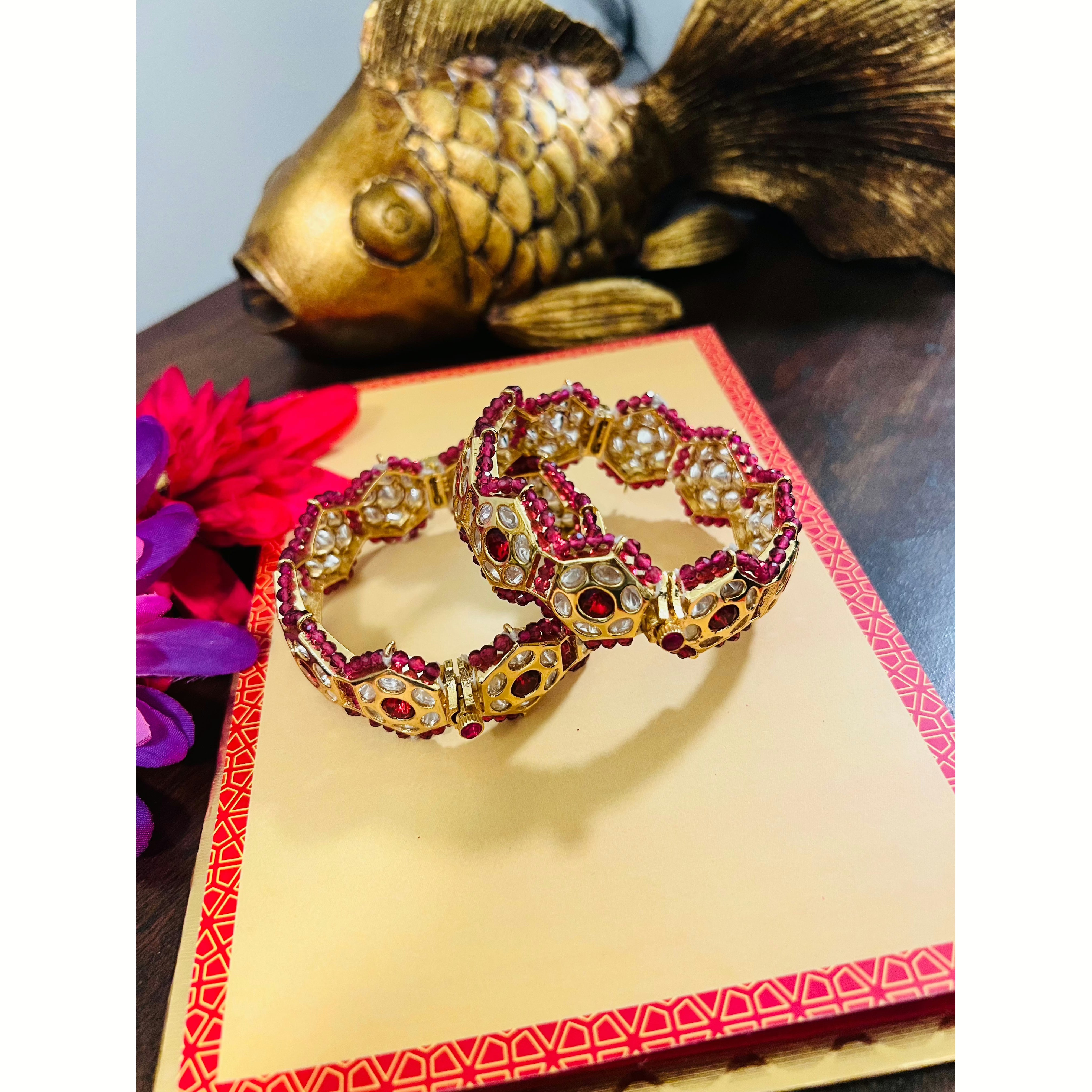 Pink and Gold Kundan Bangle Set